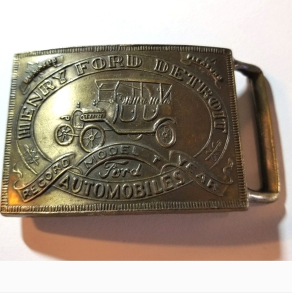 Vintage Henry Ford Detroit belt buckle gold tone metal bronze color Model T - Picture 7 of 8
